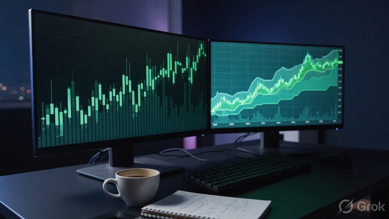 Night trading desk with dual monitors showing candlestick charts in teal light