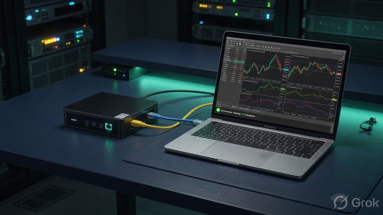 Compact always-on PC and laptop on a dark desk running a trading terminal