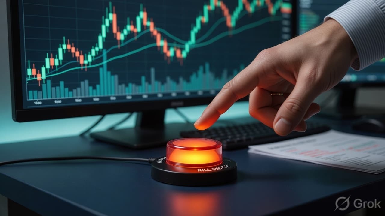 Hand hovering over a physical kill-switch on a dark trading desk