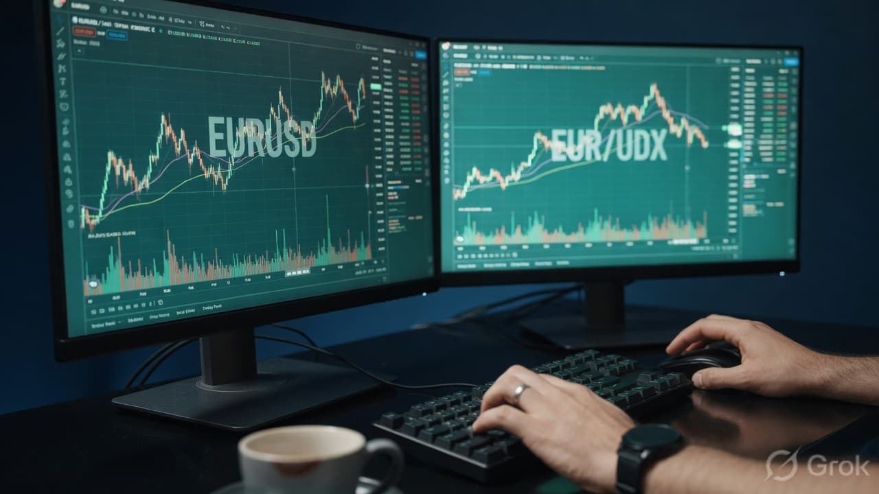Trader at a keyboard in front of two monitors showing currency pair charts