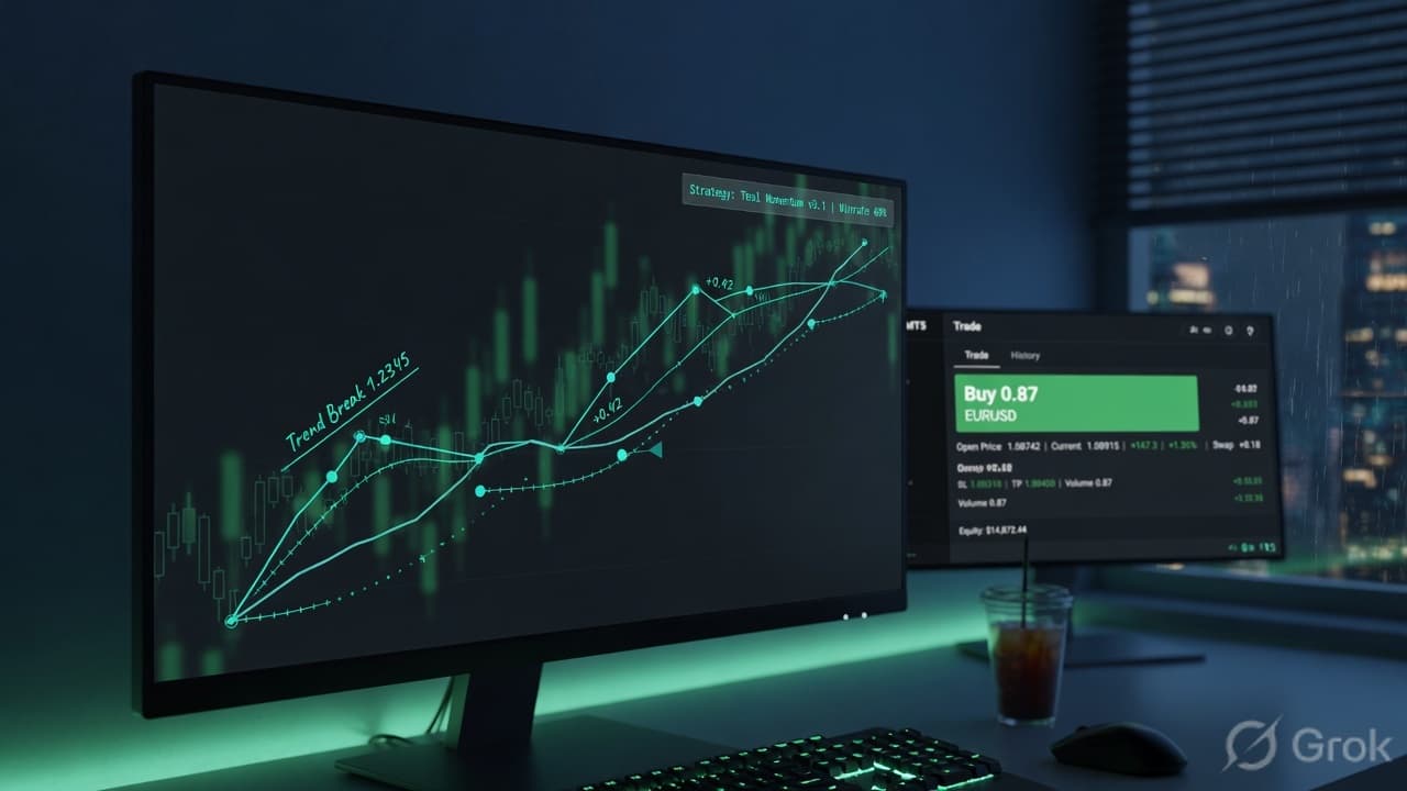 Strategy trend lines glowing on a dark trading monitor with an MT5 terminal behind
