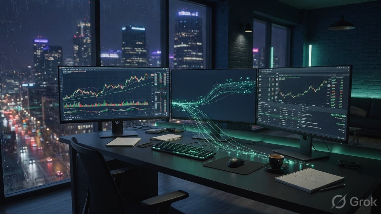 TradingView chart and MT5 terminal connected across a dark trading desk