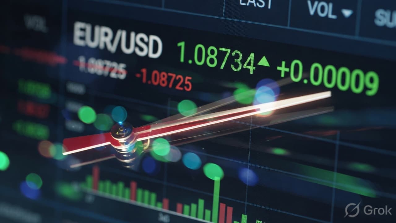 Stopwatch motion blur over a live price tick on a dark trading monitor