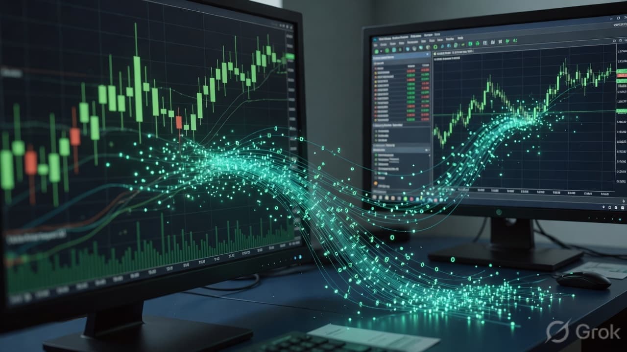 Teal chart light beside a trading terminal on a dark desk
